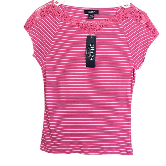 Chaps NWT Crocheted Lace Pink White Striped 100% Cotton Top 49.00 Size Small - Picture 1 of 4